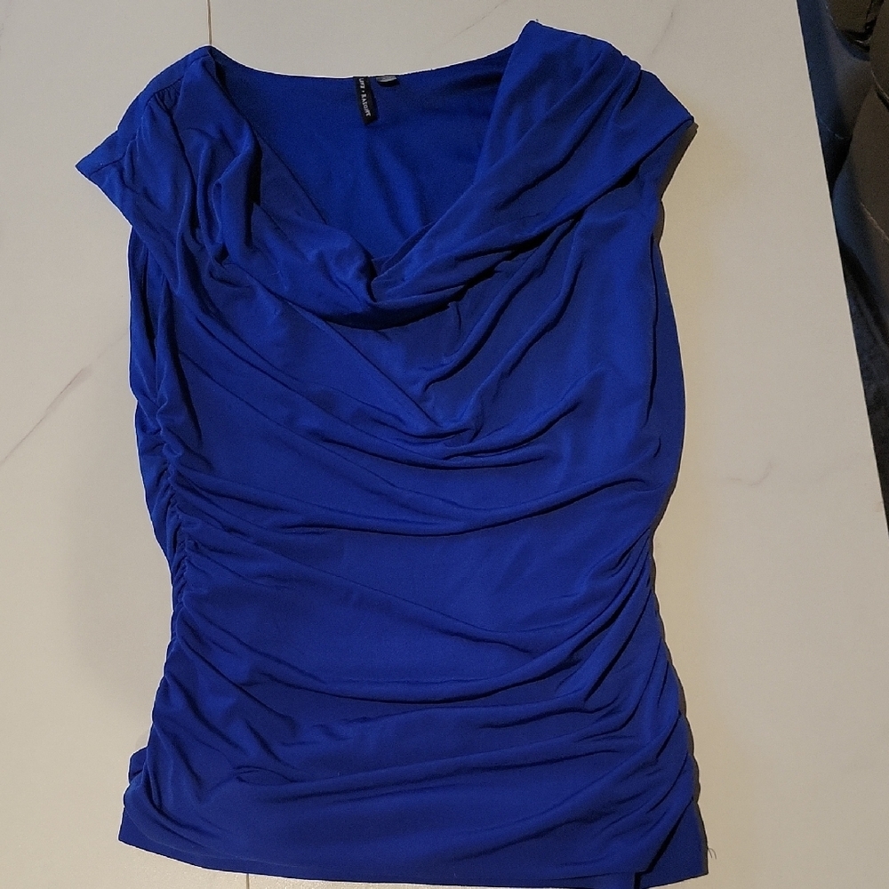 Elegant Blue Ruched Blouse with Draped Neckline